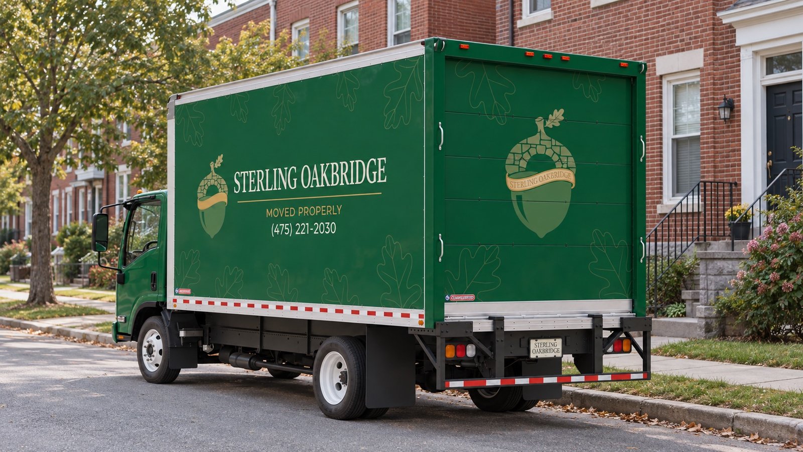 Dark green Sterling Oakbridge truck parked at a residential curb with its rear door closed
