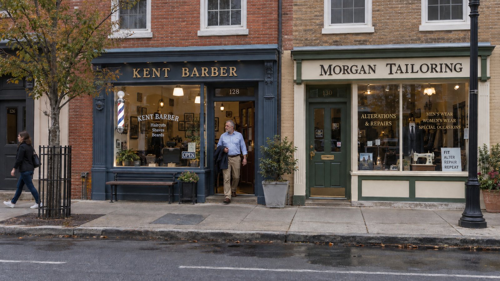 Customer leaving a barber shop beside a tailor's storefront, with a separate pedestrian on the sidewalk