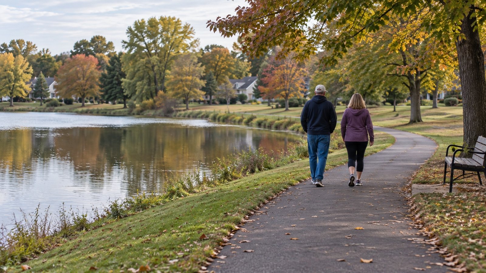 Two walkers following a paved park path beside a calm lake and autumn trees