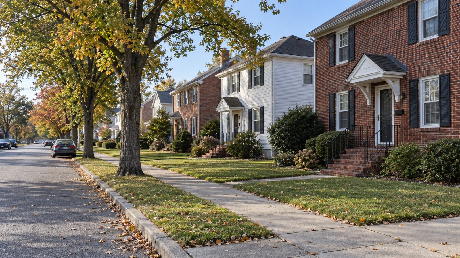 Brick and white-sided homes with front lawns and steps along a tree-lined street