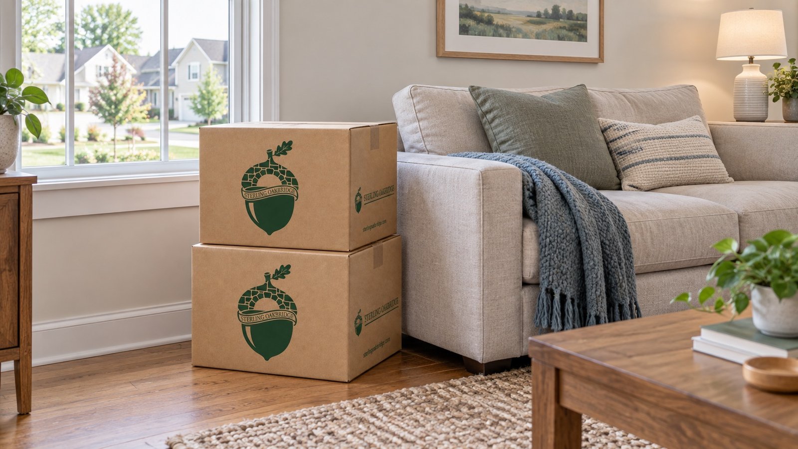 Two branded kraft cartons stacked beside a sofa and a bright window