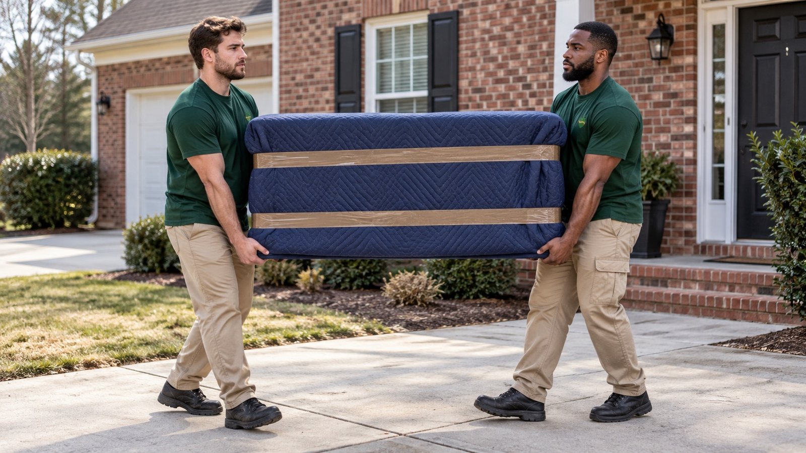 Two movers carrying a chest wrapped in navy moving blankets and brown packing tape