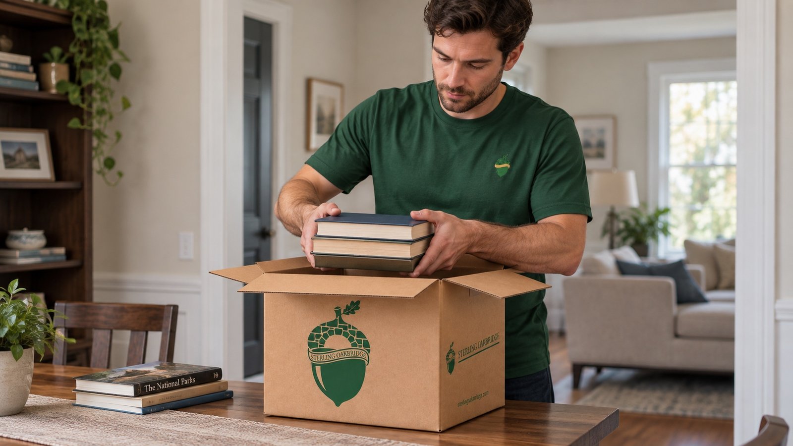 Mover in a green crewneck shirt lowering three books into a compact kraft carton