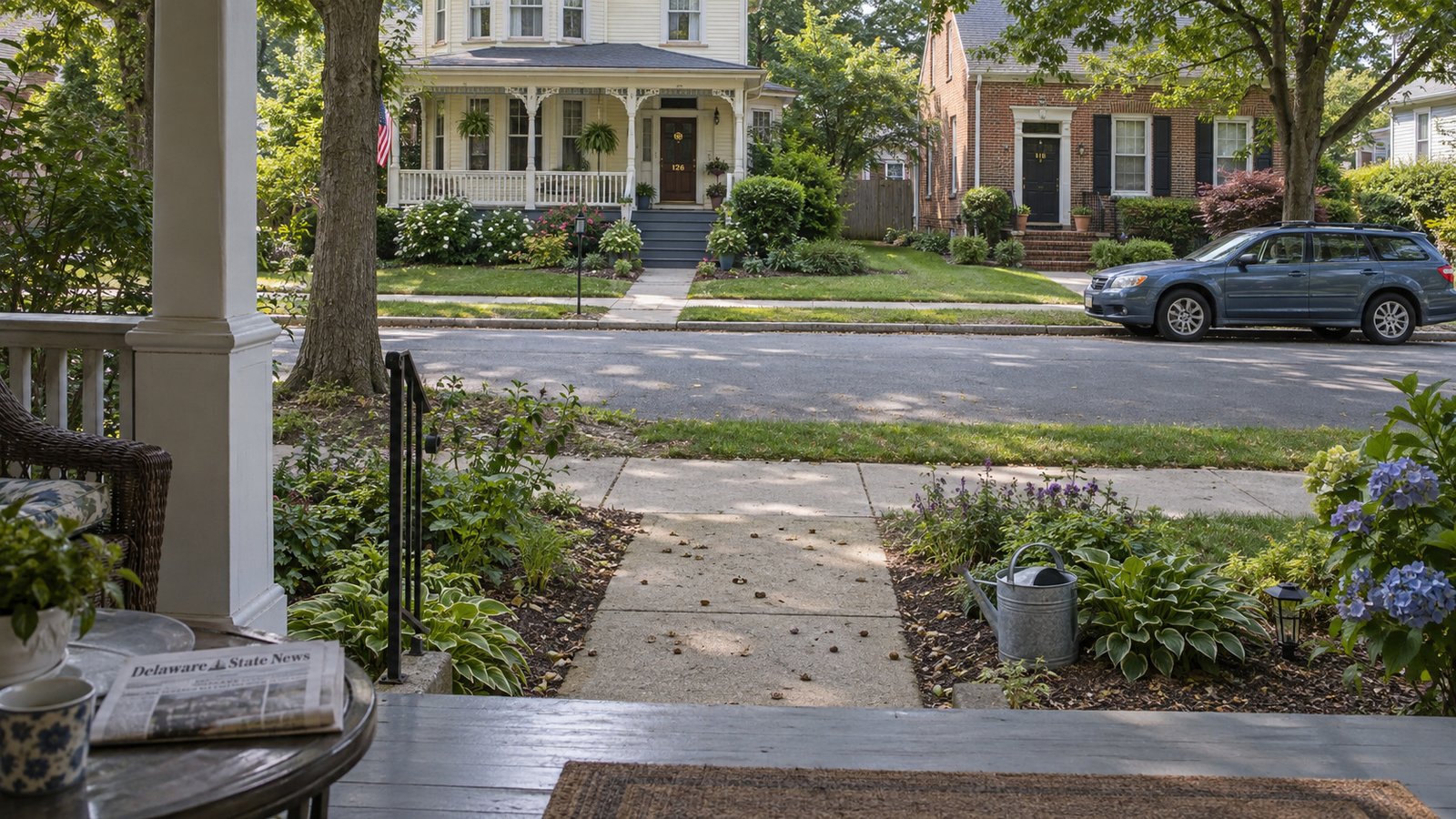 View from a shaded porch across a garden walk and residential street to a cream Victorian home and a smaller brick house