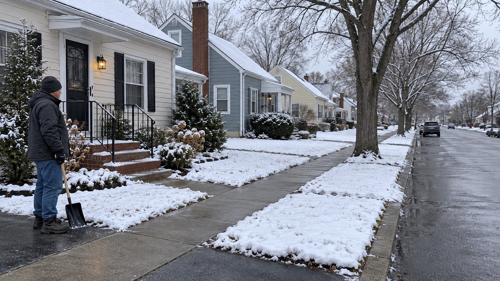 Resident with a shovel beside a cleared sidewalk and snow-covered entrance steps