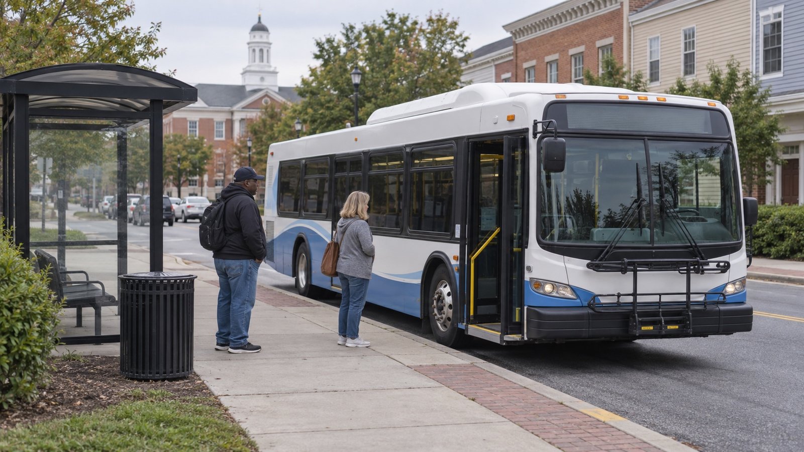 Two people waiting on a sidewalk beside the open boarding door of a white and blue bus