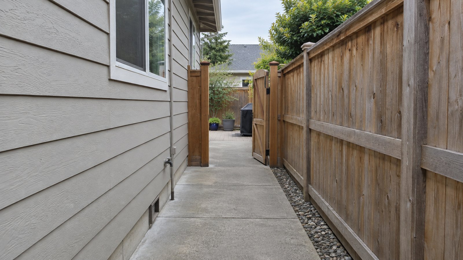 A side passage and its gate Narrow concrete path between a clapboard house and wooden fence leading through an open garden gate