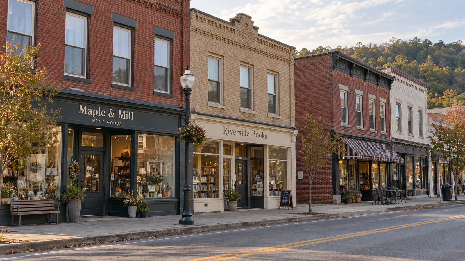 A village shopping street Two-story brick storefronts with large windows, a streetlamp and a sidewalk beside a two-lane road