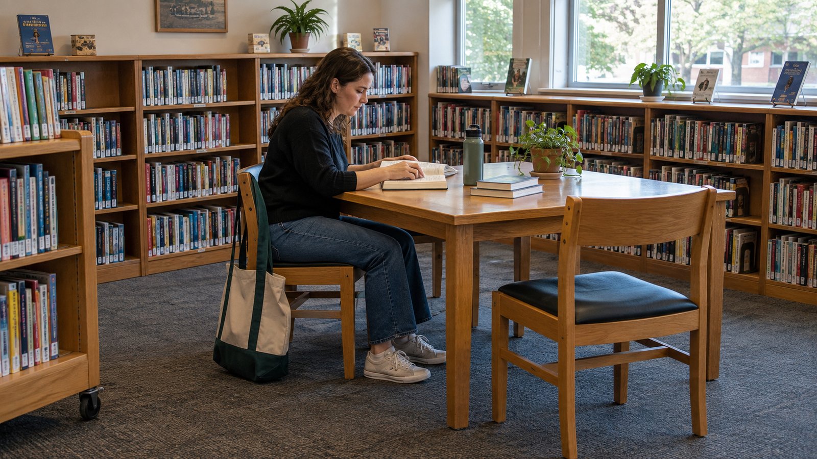 Time for a library visit Woman reading at a wooden table among library bookshelves with a canvas bag beside her chair