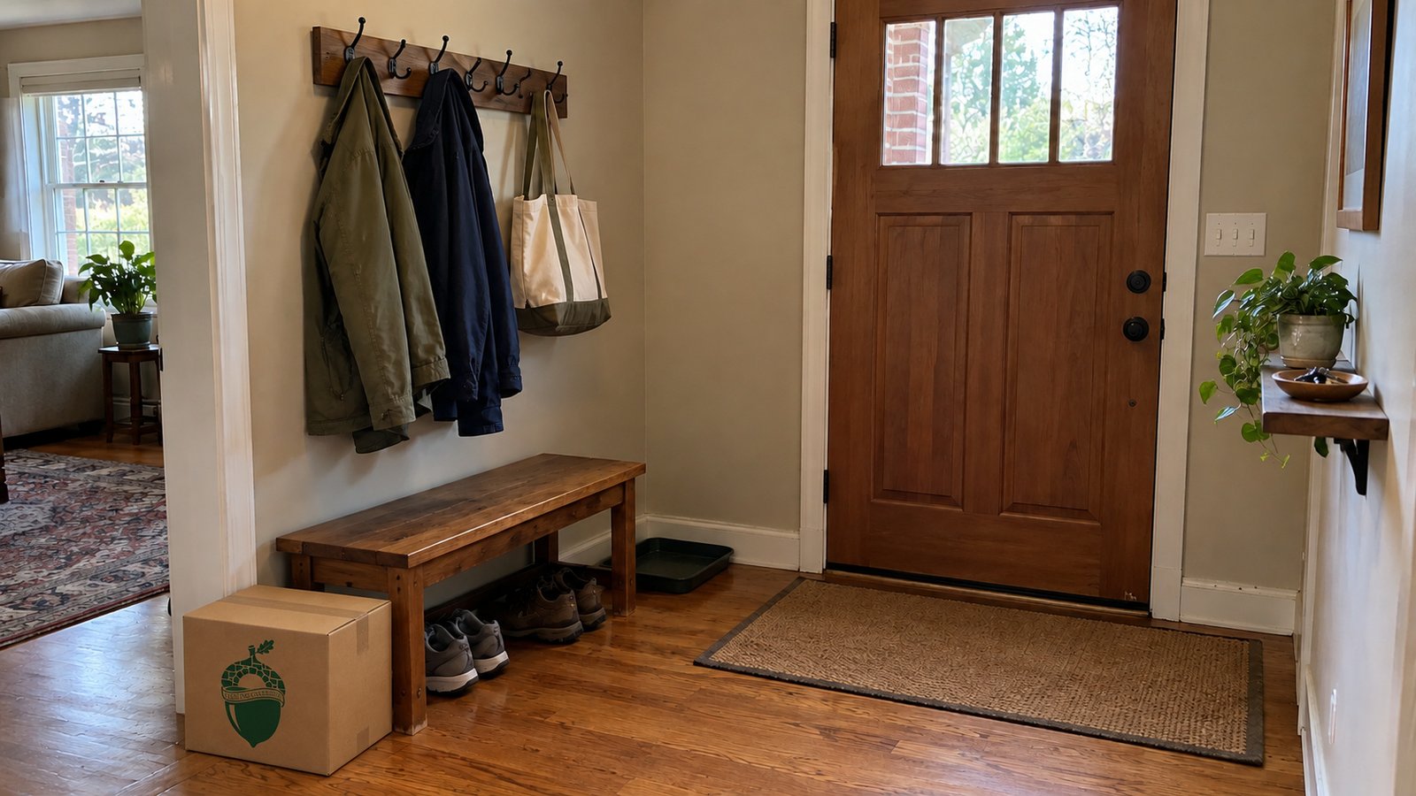 Space for the things used every day Wooden entry bench, shoes, coats and a canvas bag beside a small closed kraft Sterling Oakbridge carton