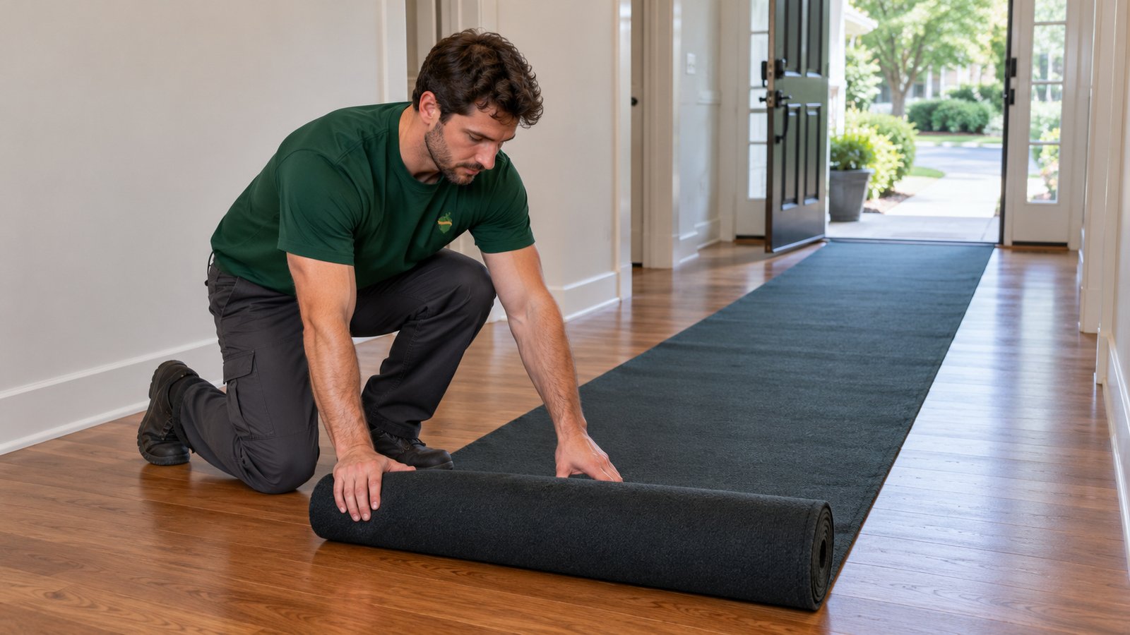 Protecting the carrying route Male mover in a green Sterling Oakbridge shirt kneeling to unroll a dark protective runner along a wooden hallway floor