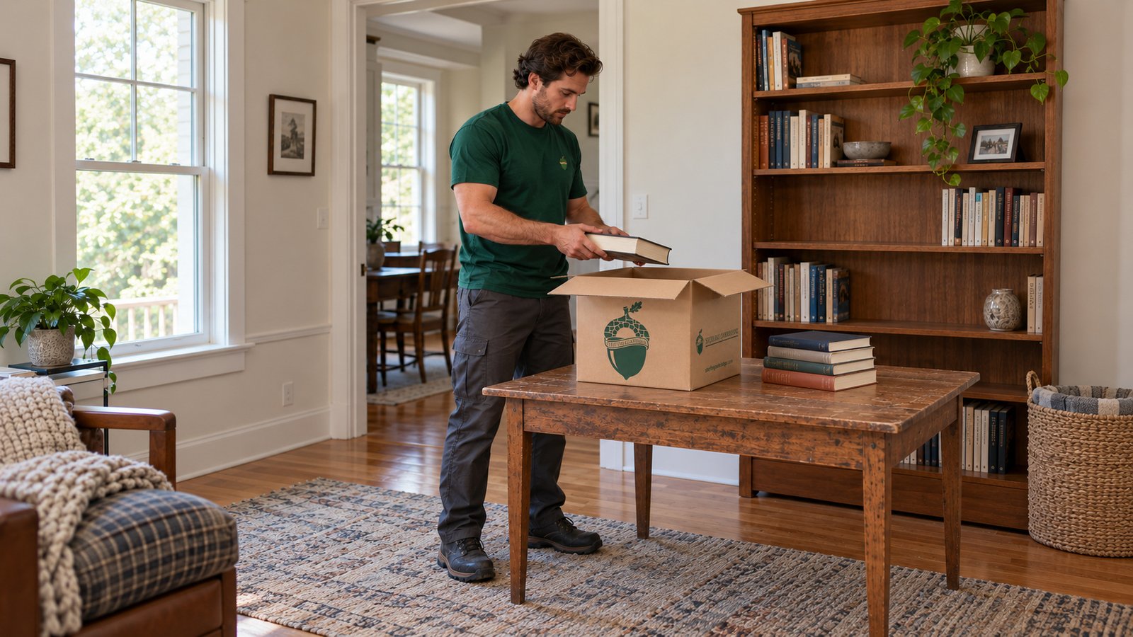 Books packed in a small carton Male mover in a green Sterling Oakbridge shirt holding a book over a small kraft carton on a wooden table