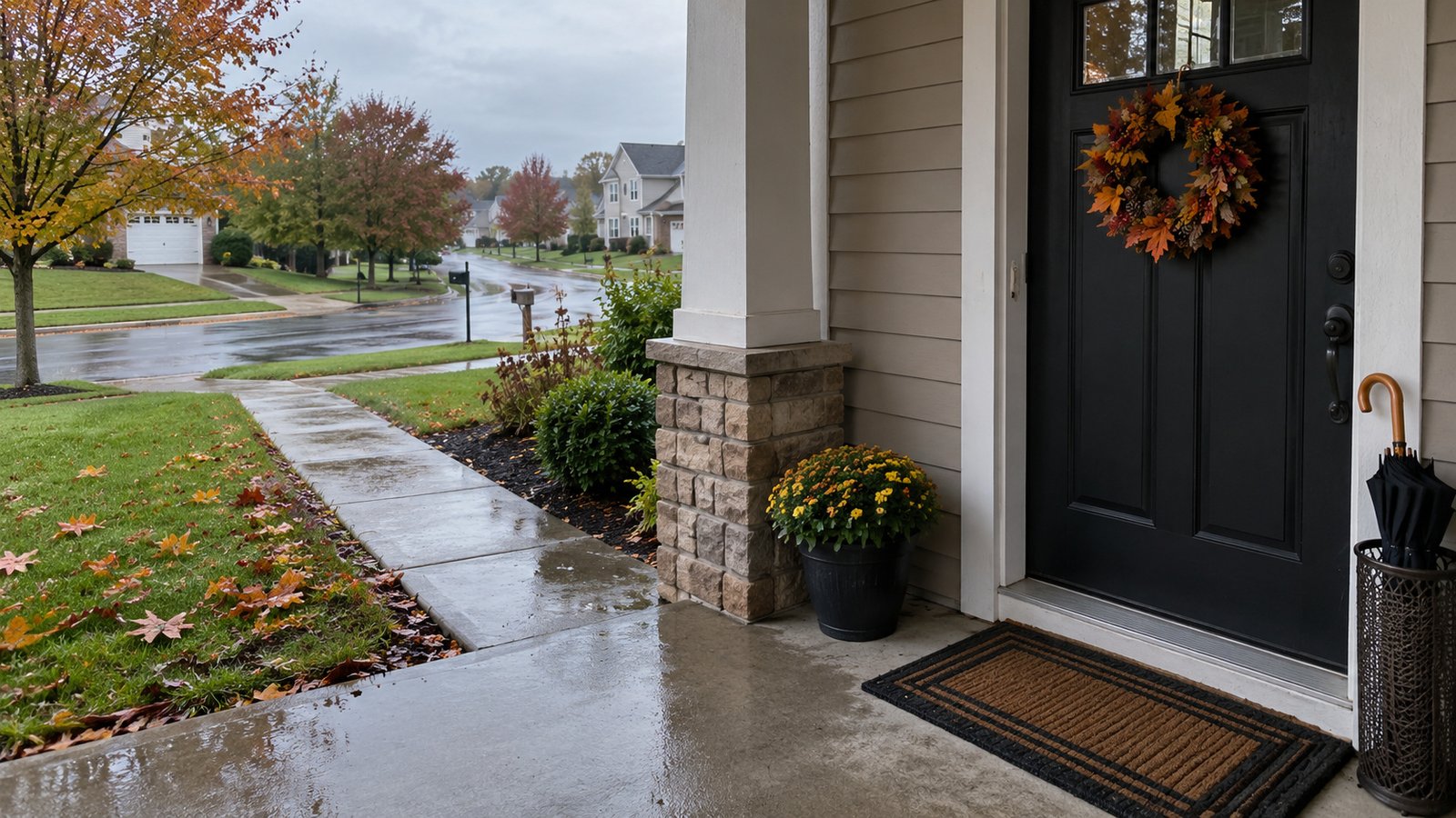 The entrance after rain Damp concrete path and porch beside a dark front door, with autumn leaves on the lawn and an umbrella in a stand