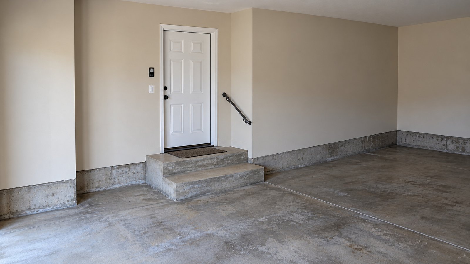 Steps between the garage and house Complete white interior door above two concrete garage steps with a wall-mounted handrail and clear approach