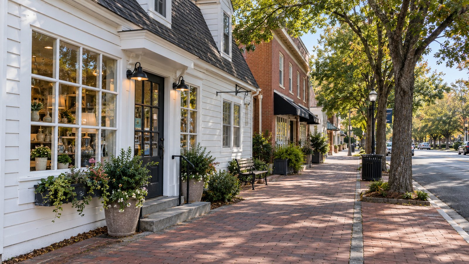 A walk past local shopfronts Brick sidewalk beside a white clapboard shopfront and a red-brick building under leafy street trees