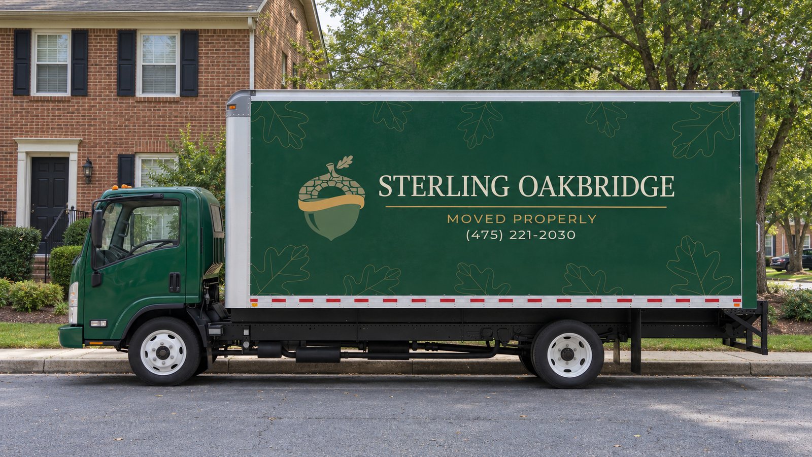 Truck beside a residential curb Dark green Sterling Oakbridge box truck parked parallel to a straight curb beside a brick townhouse