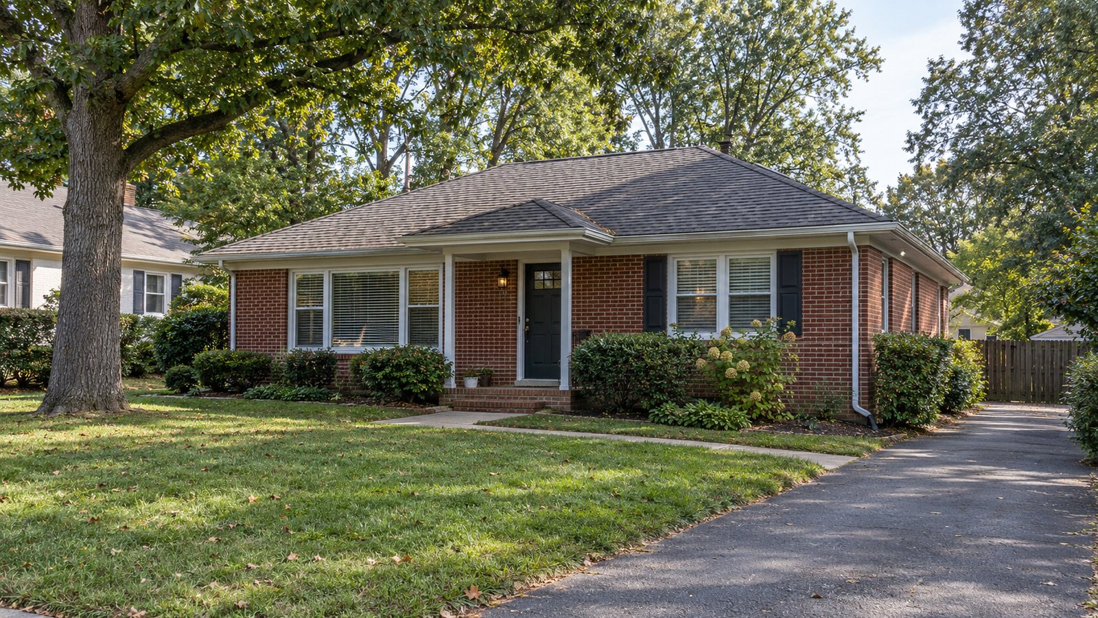 Brick home with a side driveway One-story red-brick house with a sheltered front door, low steps and a side driveway beneath mature trees