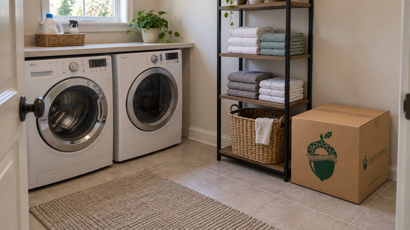 Laundry and linen storage Laundry room with two front-loading appliances, shelves of folded towels and a kraft Sterling Oakbridge carton
