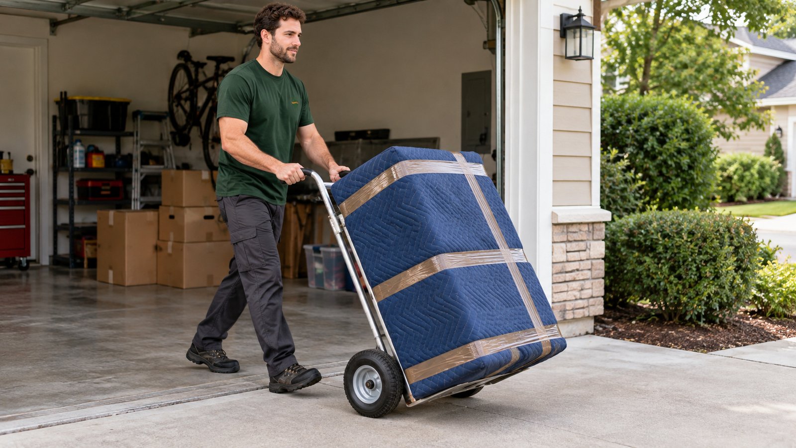 Moving a blanket-wrapped cabinet Male mover in a green shirt controlling a two-wheel hand truck with a cabinet fully wrapped in blue moving blankets and packing tape