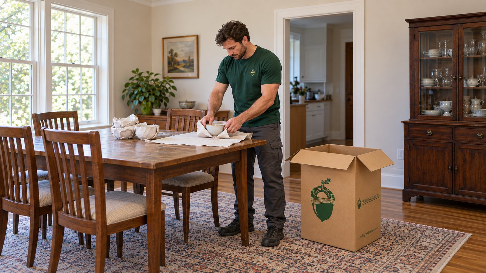 Preparing bowls for a china carton Male mover in a green Sterling Oakbridge shirt wrapping a ceramic bowl at a wooden table beside an open kraft china carton