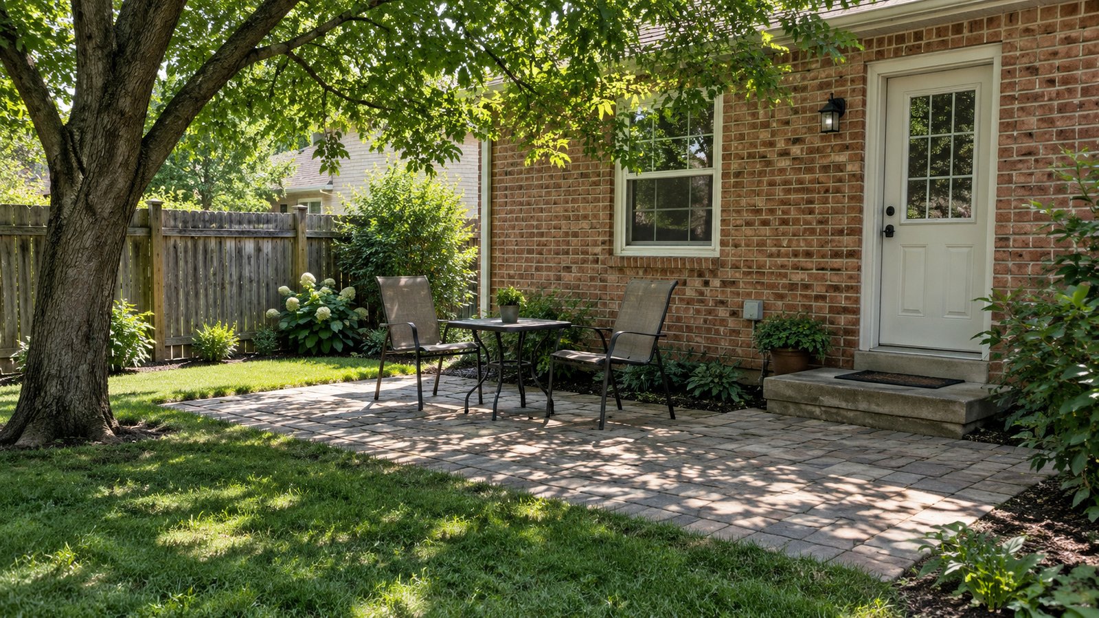 Shade beside the back door Two outdoor chairs and a small table on a shaded paved patio beside a brick house and back door
