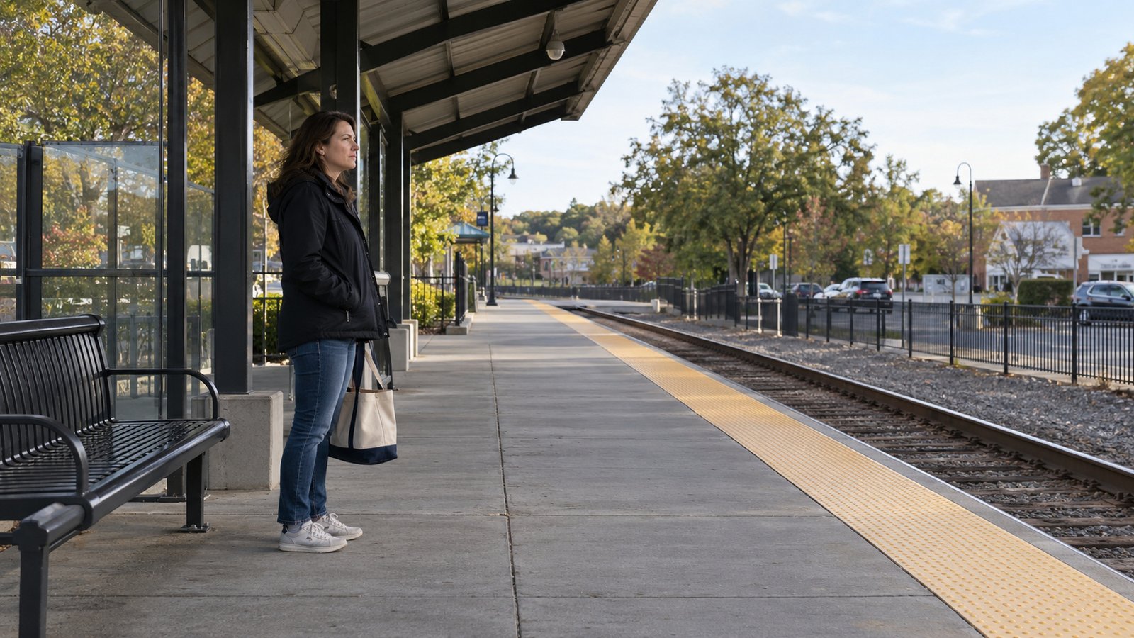 Waiting on a rail platform Woman with a canvas bag waiting beneath a platform shelter well behind the yellow track-edge strip