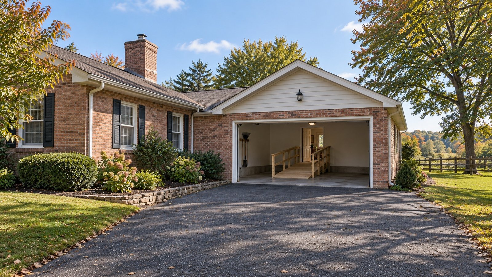 Follow the garage-to-house route An open attached garage showing a complete ramp and separate entry into a brick home.