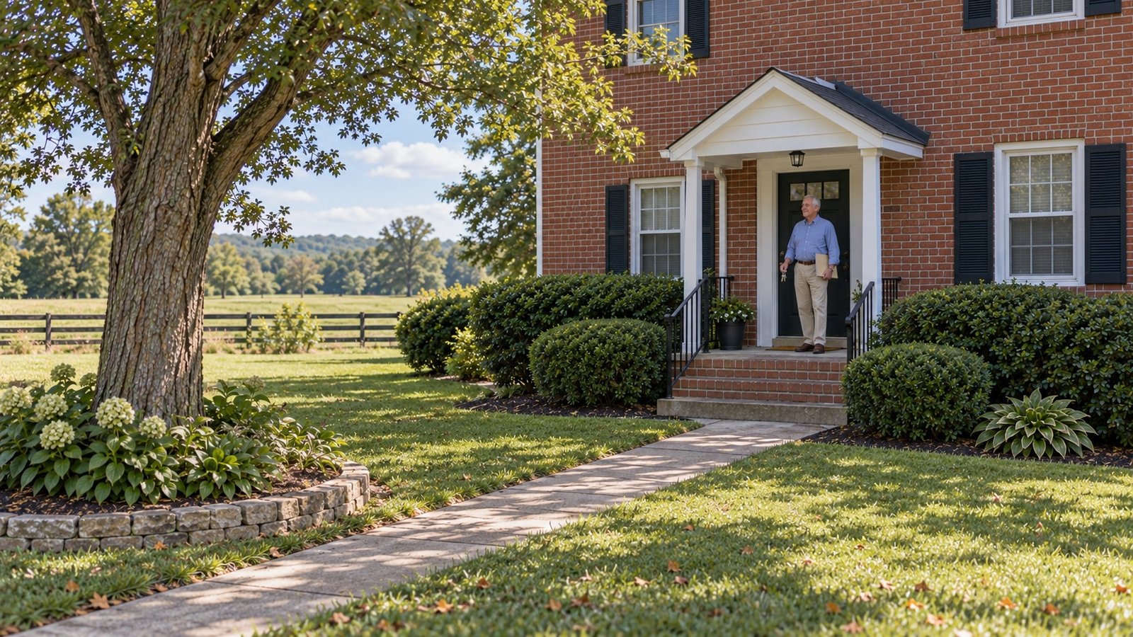 Confirm the address and usable handover A resident holding keys and a personal folder beside the full entrance of a rural brick home.