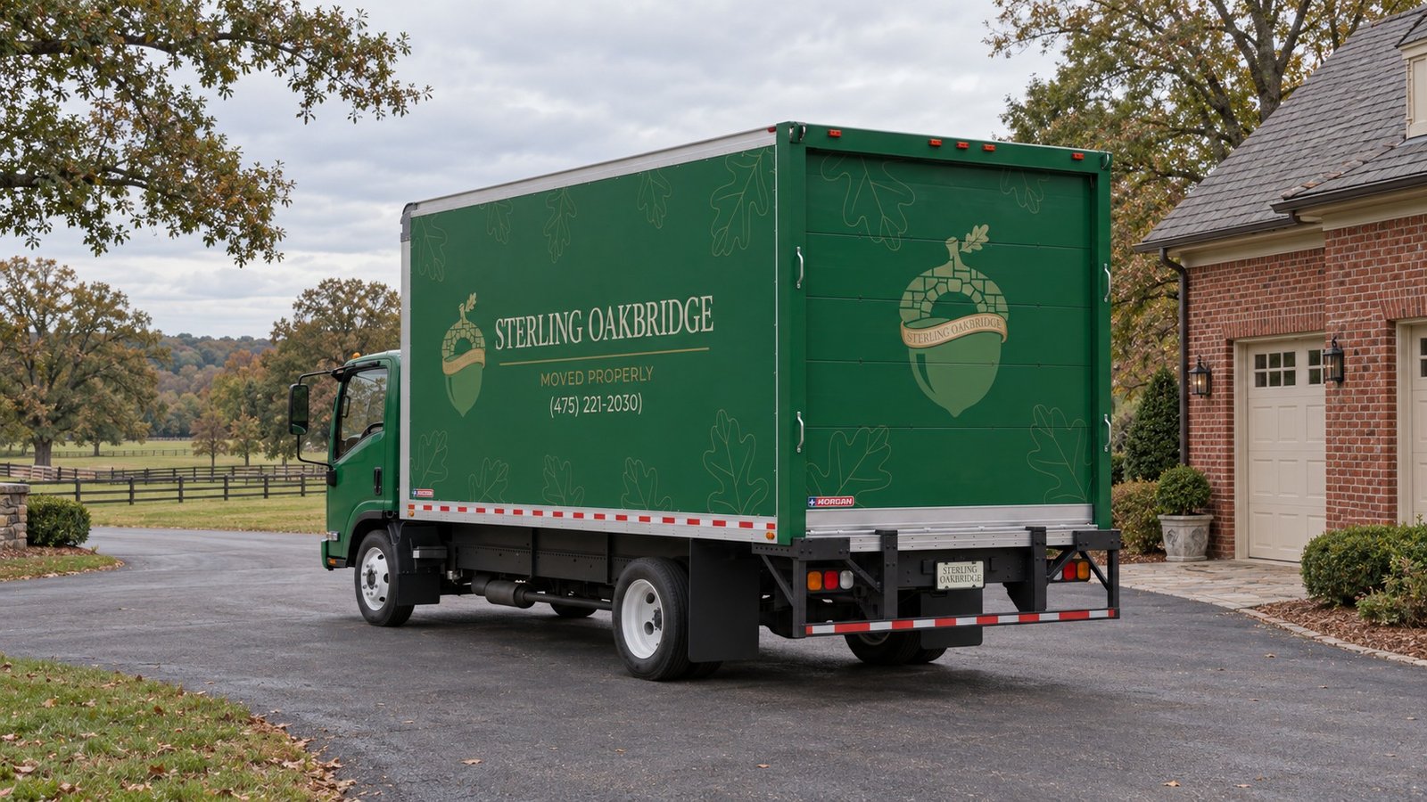 Check standing space and departure A complete green Sterling Oakbridge NPR truck standing on a paved private court beside a brick garage.