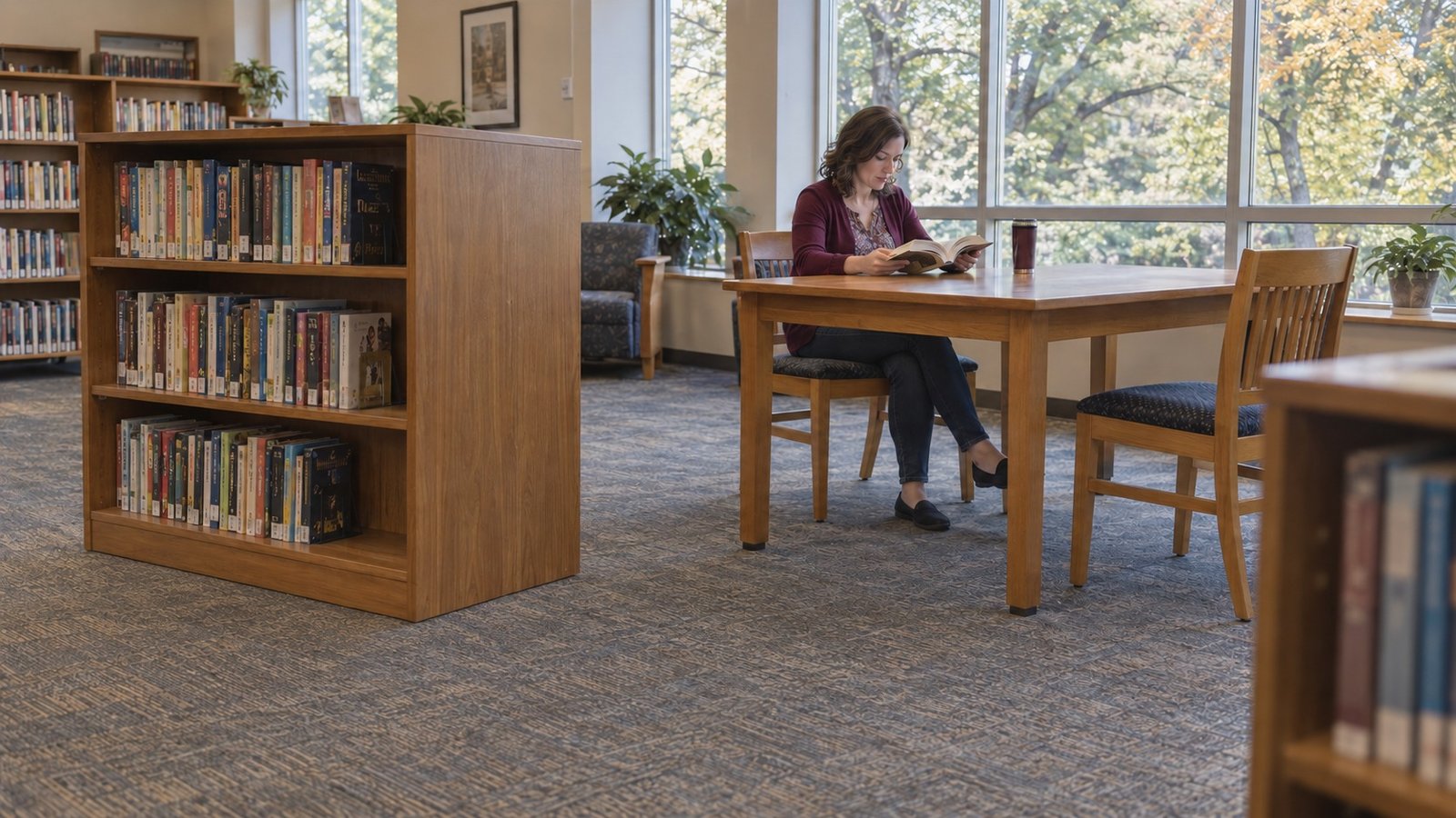 Try a destination you will use A woman in ordinary clothes reading at a table in a small library room beside a low bookshelf.