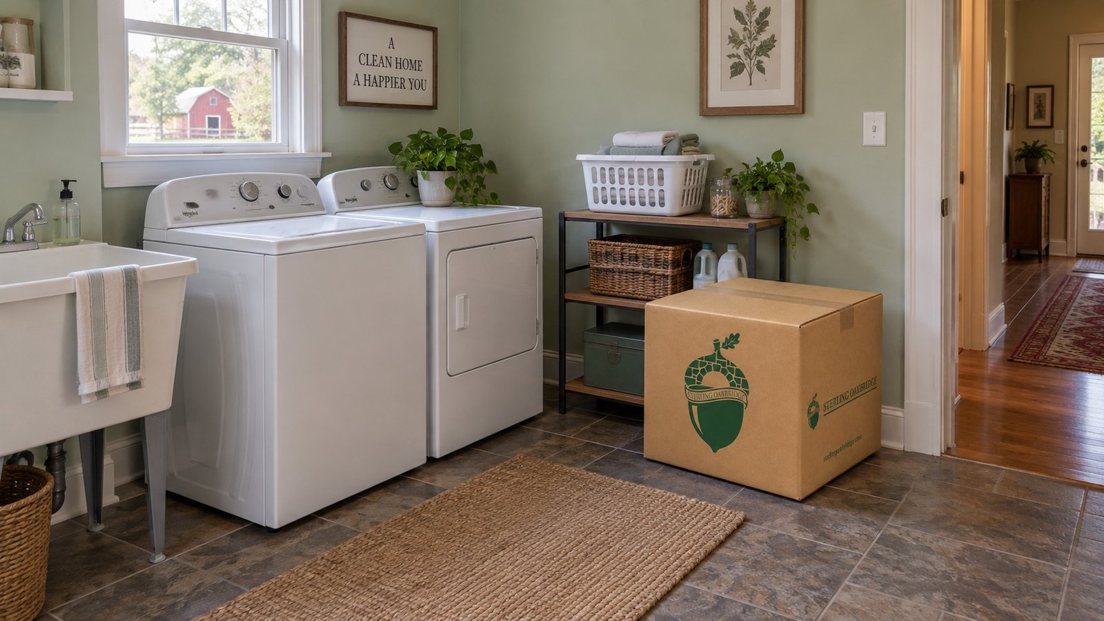 Keep household services usable A laundry room with a washer, dryer, utility sink and closed kraft linen carton beside a low shelf.