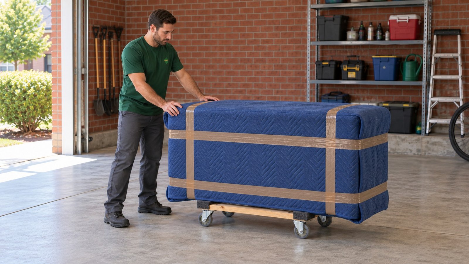 Fit the handling plan to the piece A male company mover steadying a blanket-protected chest on a compact wooden furniture dolly on a garage floor.