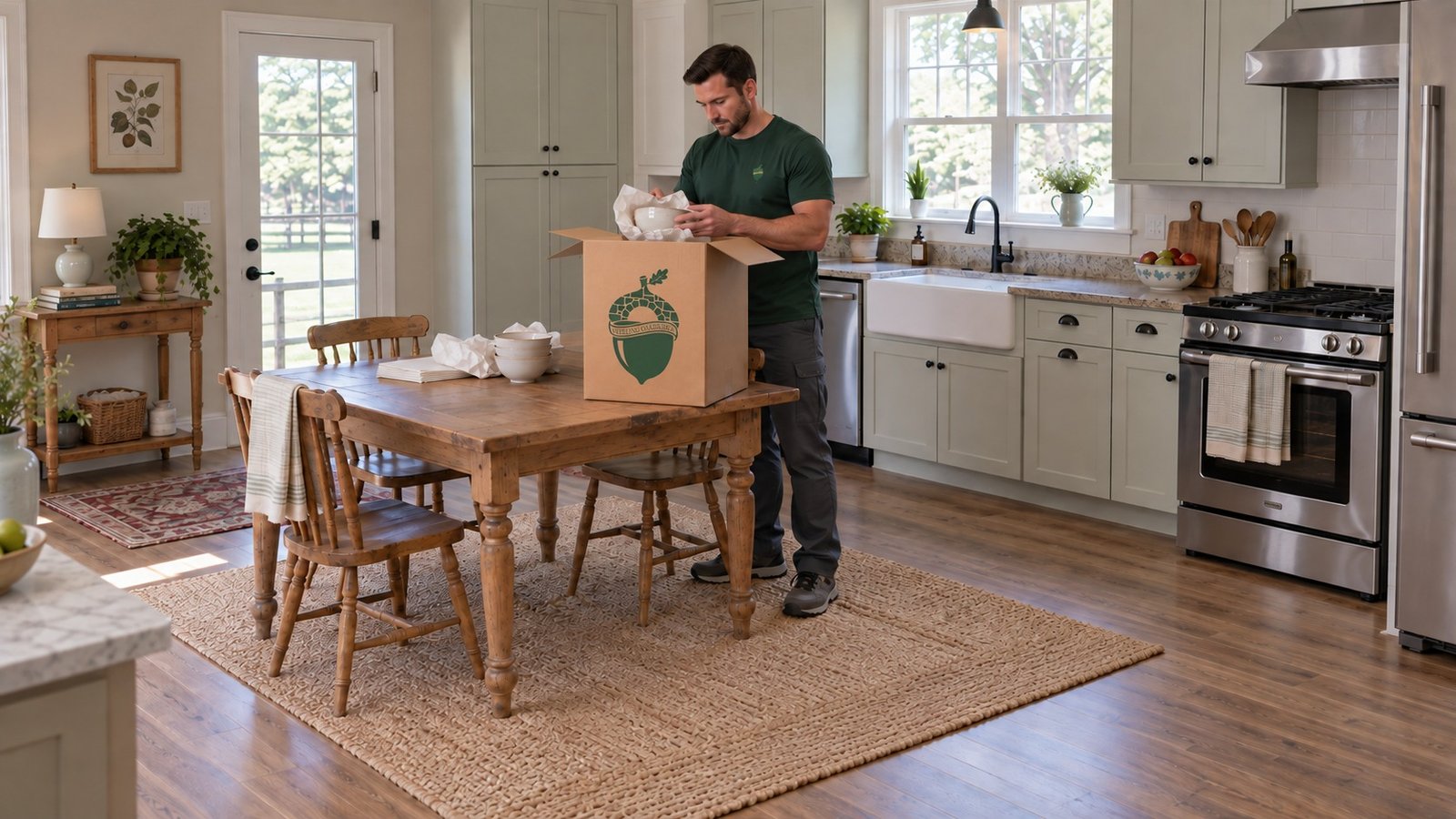 Give fragile contents one packing task A male company mover cushioning a ceramic bowl with paper above an open kraft China carton at a wooden table.