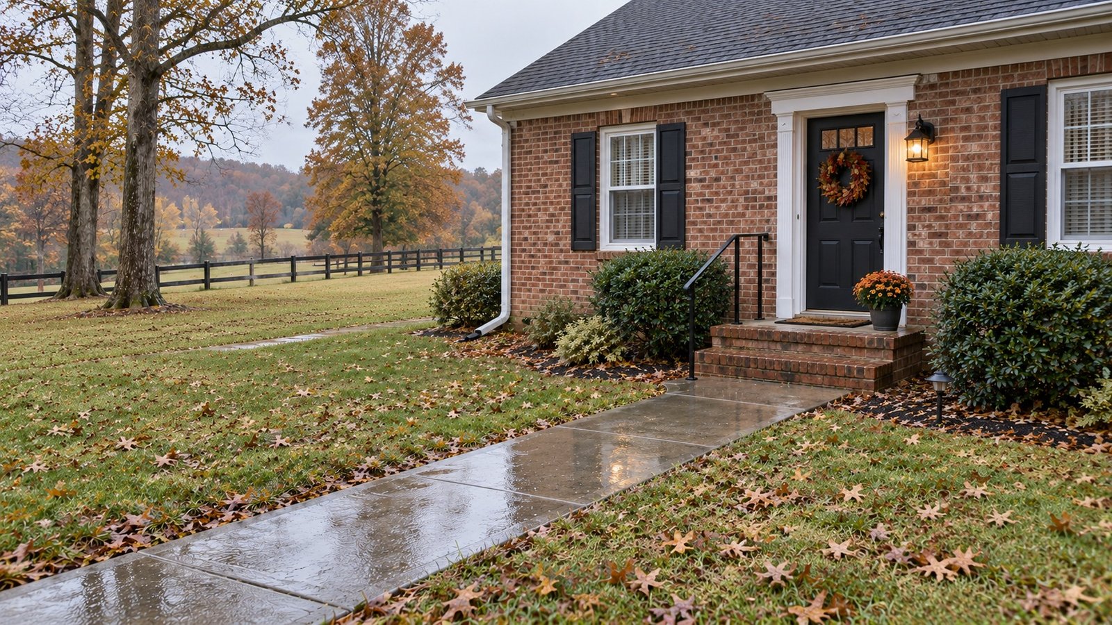 Inspect the final approach after rain A full brick side entrance and connected paved path with wet paving and leaves at the edge.