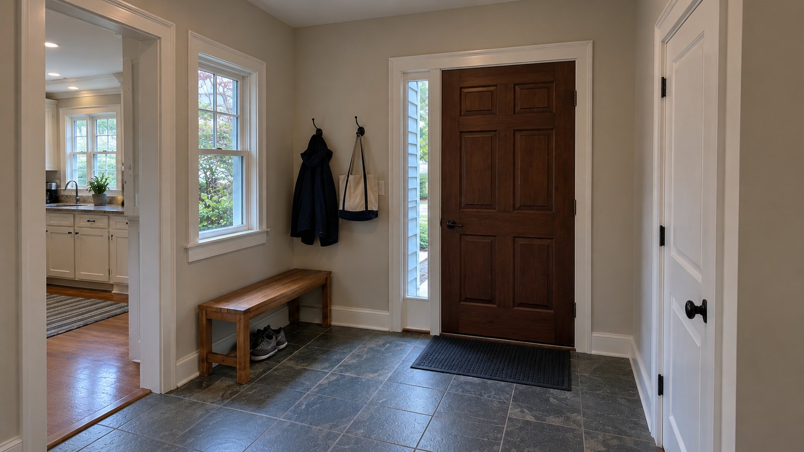 An interior mudroom with a closed brown door and sidelight, bench, coat, bag, shoes and a flat mat.