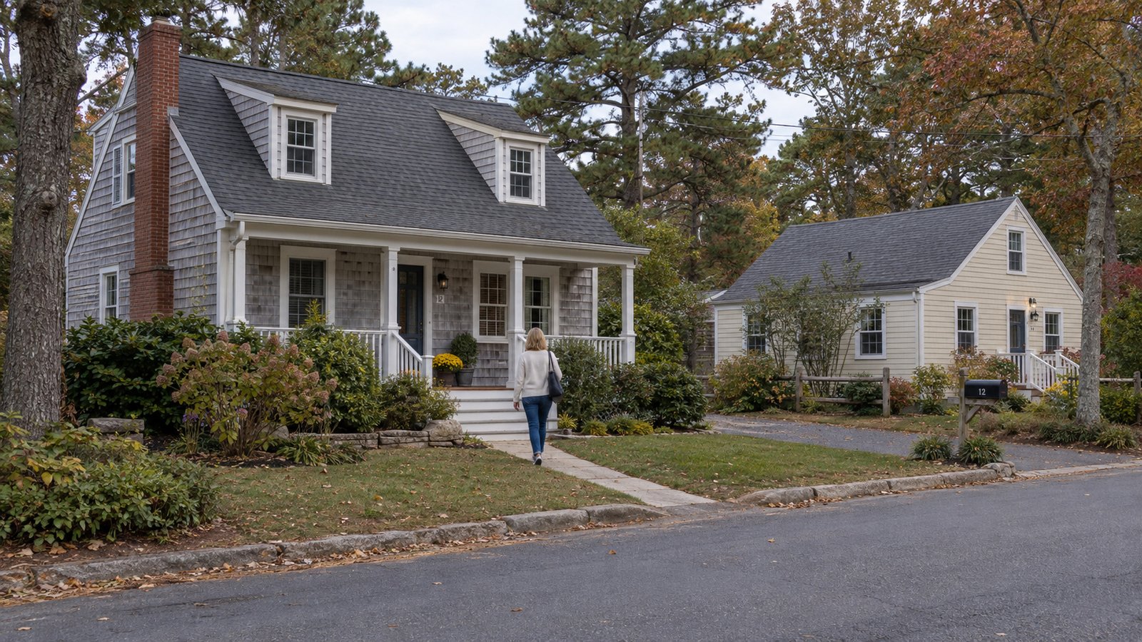 Explore the receiving address A woman walking toward a gray-shingle home beside a cream cottage along a residential street.