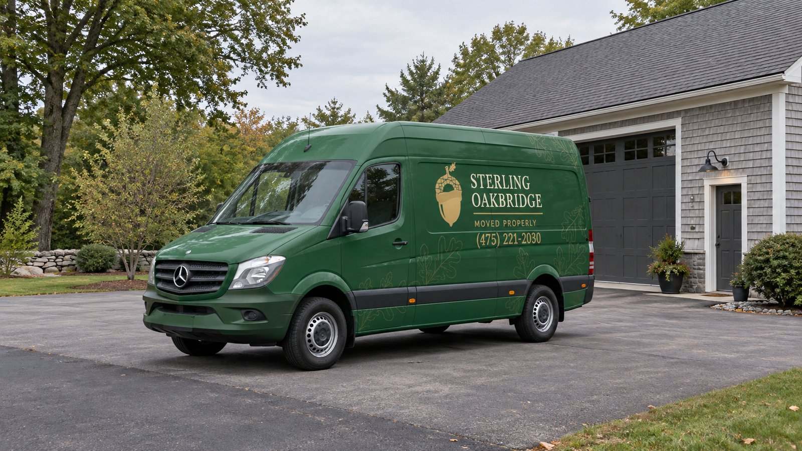 A complete green Sterling Oakbridge Mercedes Sprinter standing on a private paved pad beside a shingle workshop.