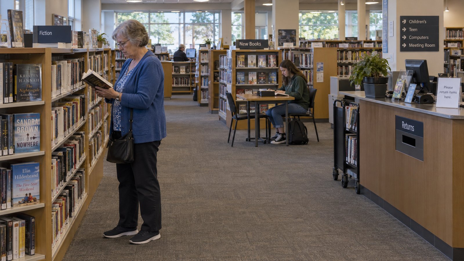 Establish daily resources A woman looking at a book beside library shelves, with another reader seated farther back and a returns desk to the right.