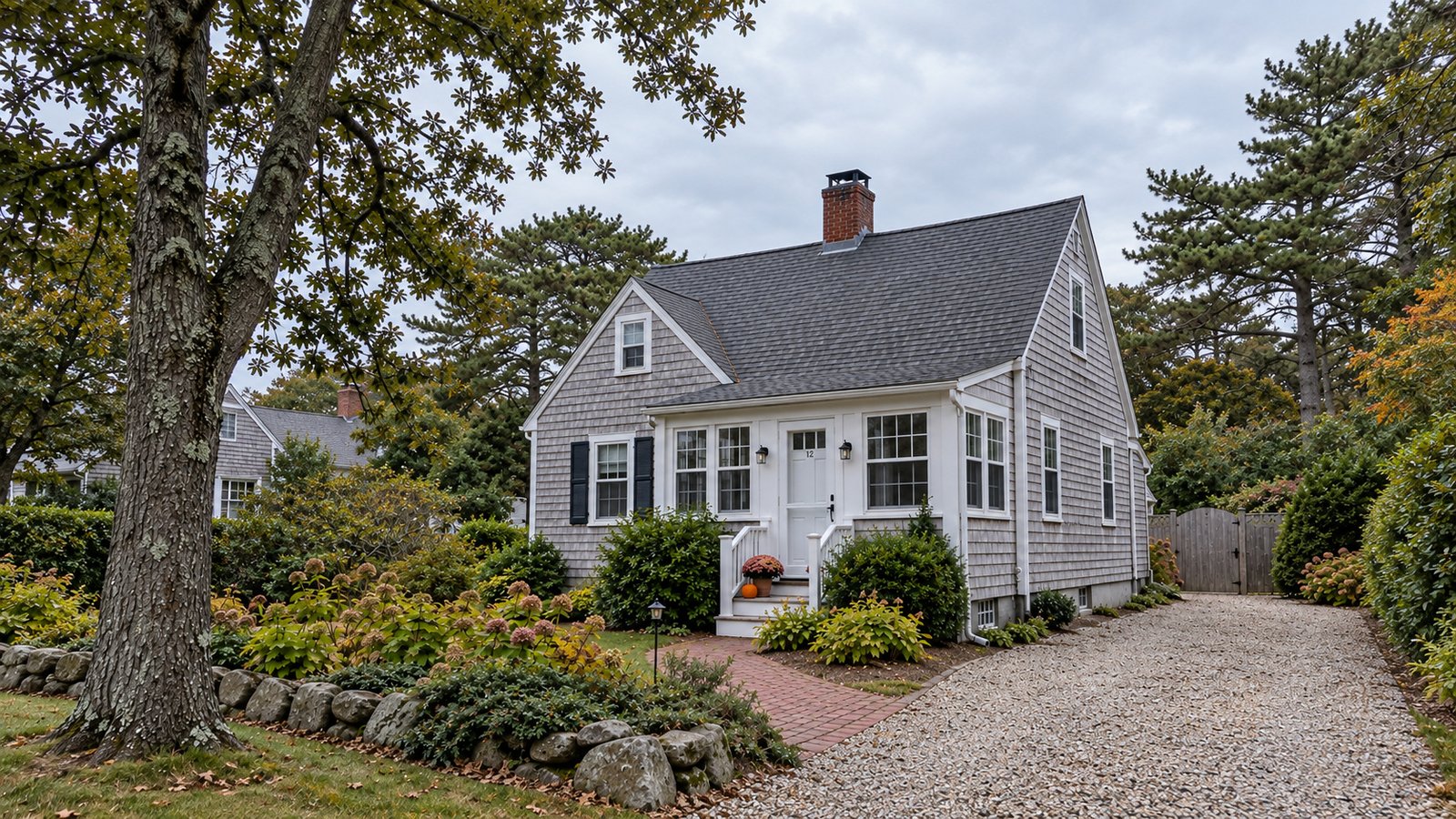 A gray-shingle cottage with an enclosed white porch, whole chimney, brick walk and gravel driveway.
