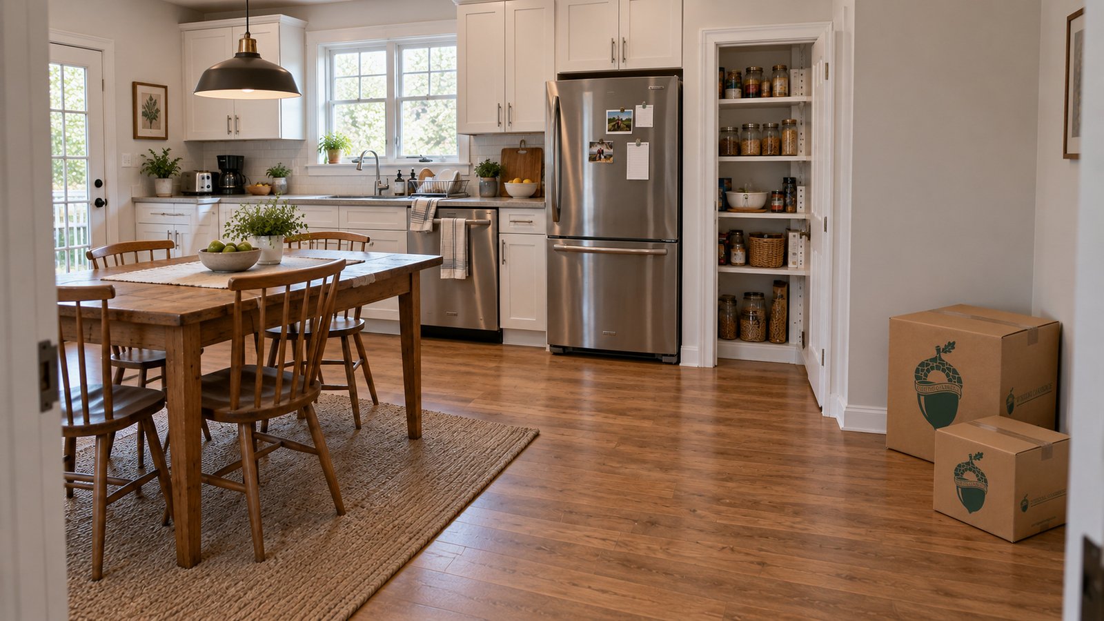 Keep everyday rooms usable A working kitchen and dining area with two closed kraft cartons beside the right wall, clear of the refrigerator and pantry.
