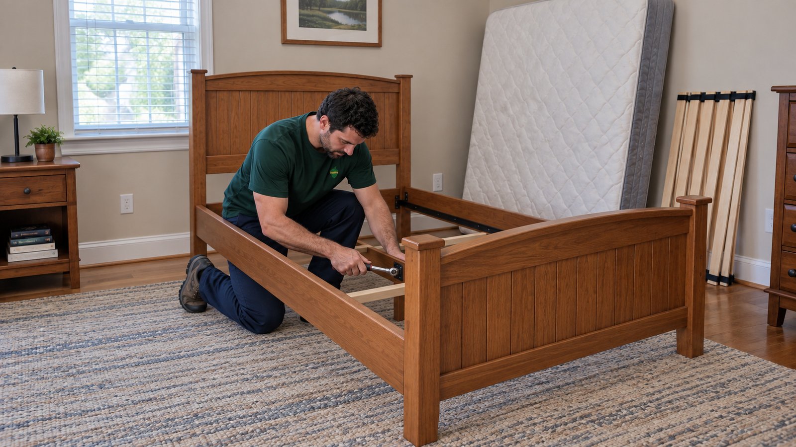Plan furniture reassembly A mover tightens an inset connector from inside a wooden bed frame in a bedroom.