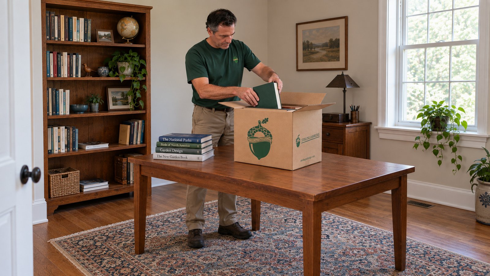 A male employee placing a book into an open kraft Book carton supported on a wooden table beside a bookcase.