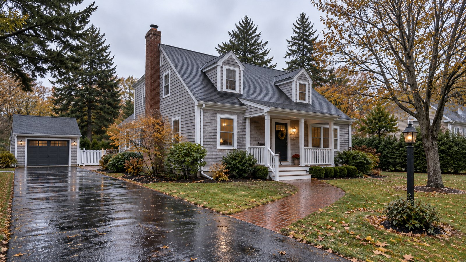 Prepare weather and access A shingle house with a porch and full chimney beside a wet driveway and brick path after rain.