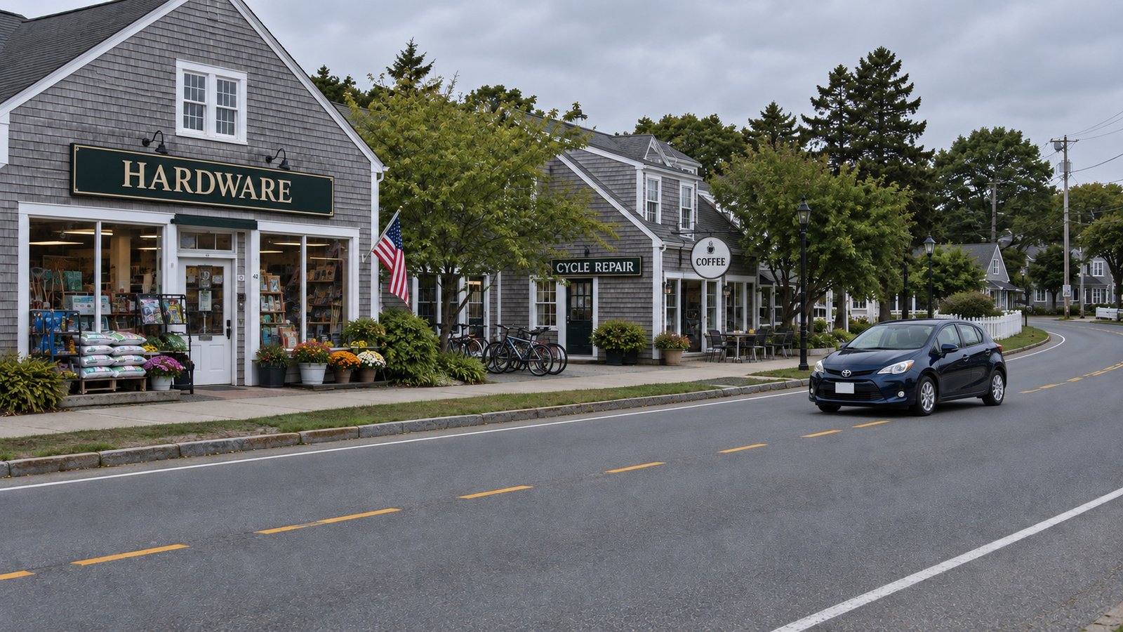 Test the complete daily trip A blue car facing left in the far lane of a curved two-lane road beside shingle storefronts and a sidewalk.