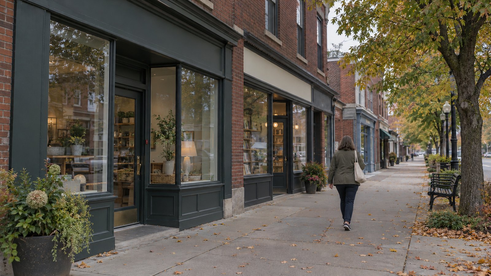 Explore the walking route Woman carrying a canvas bag along a sidewalk beside brick shopfronts and an autumn tree