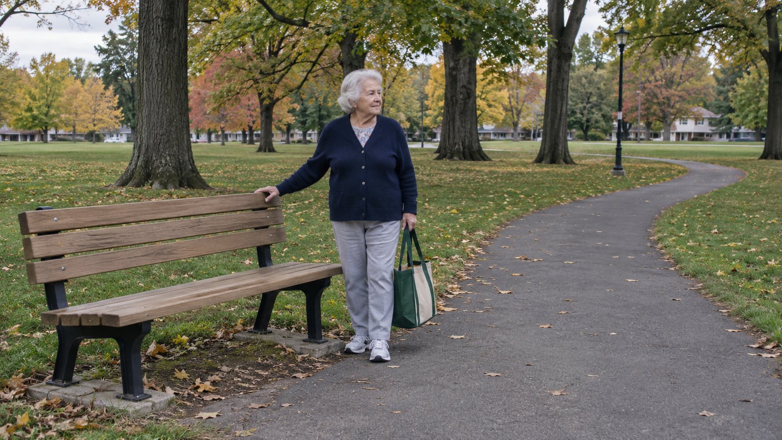 Use the places that fit your routine Older woman with a reusable tote beside a complete wooden bench and a park path