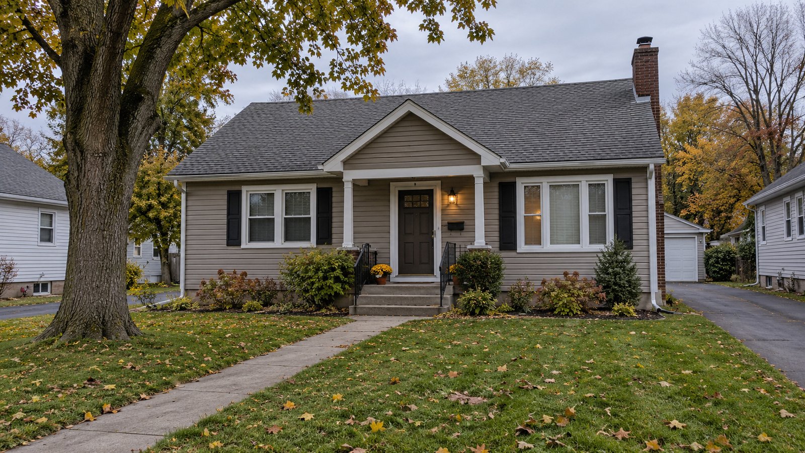 Check the home and approach Gray bungalow with a complete gabled roof, chimney, front steps and concrete walkway