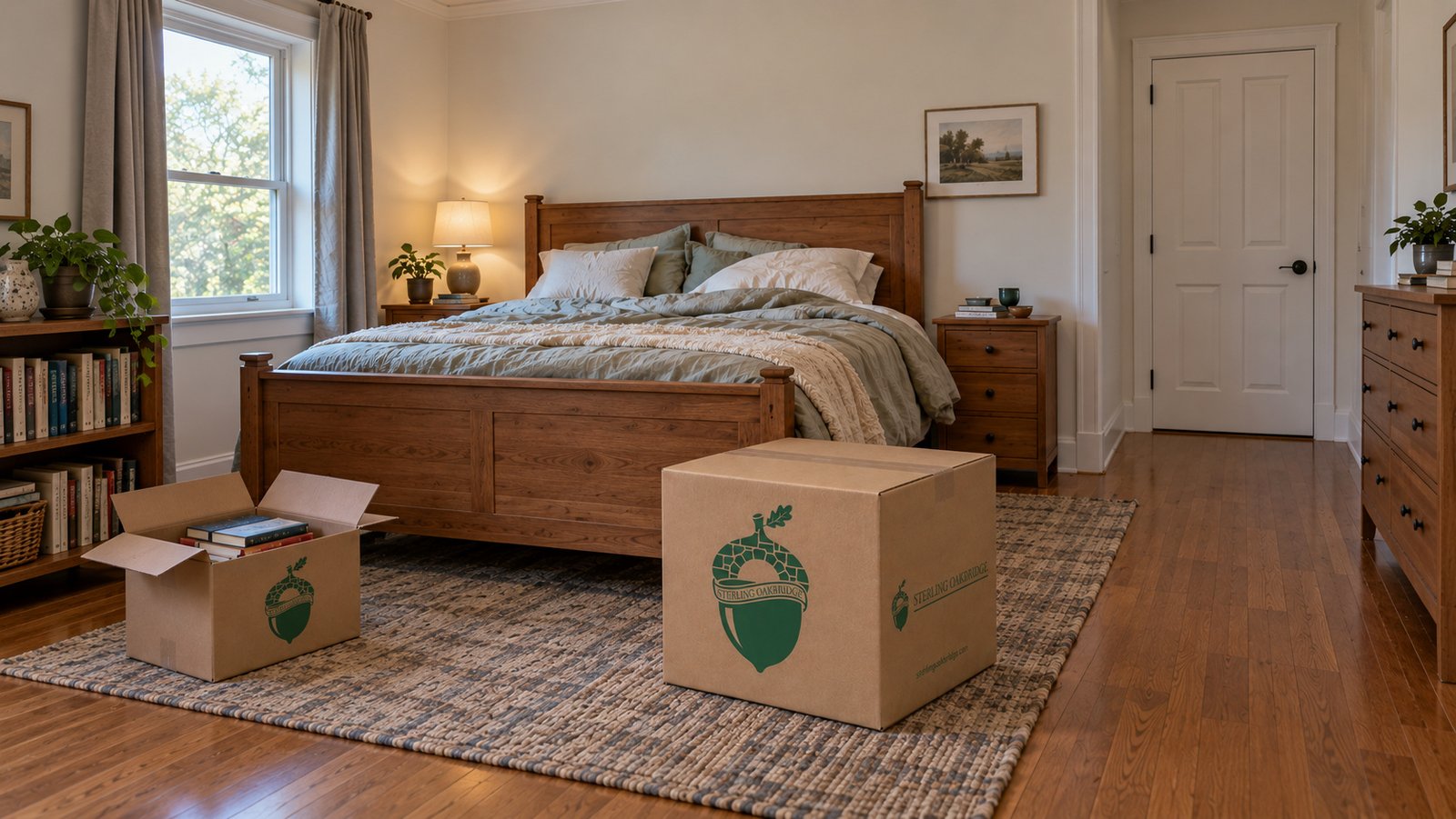 Check usable sleeping space Bedroom with a wooden bed, a sealed linen carton and an open carton of books