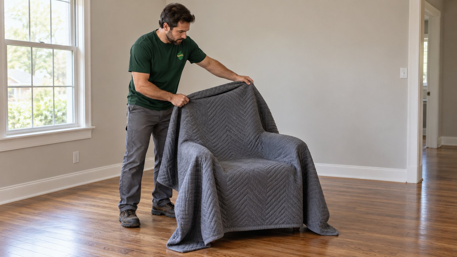 Protect furniture before carrying Male mover drawing a gray quilted moving blanket over an armchair