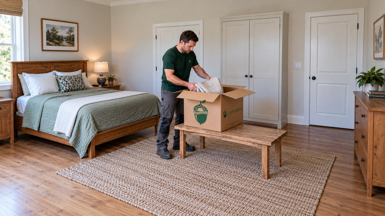 Pack linens with the agreed materials Male mover placing a folded blanket in an open branded kraft carton on a wooden bench